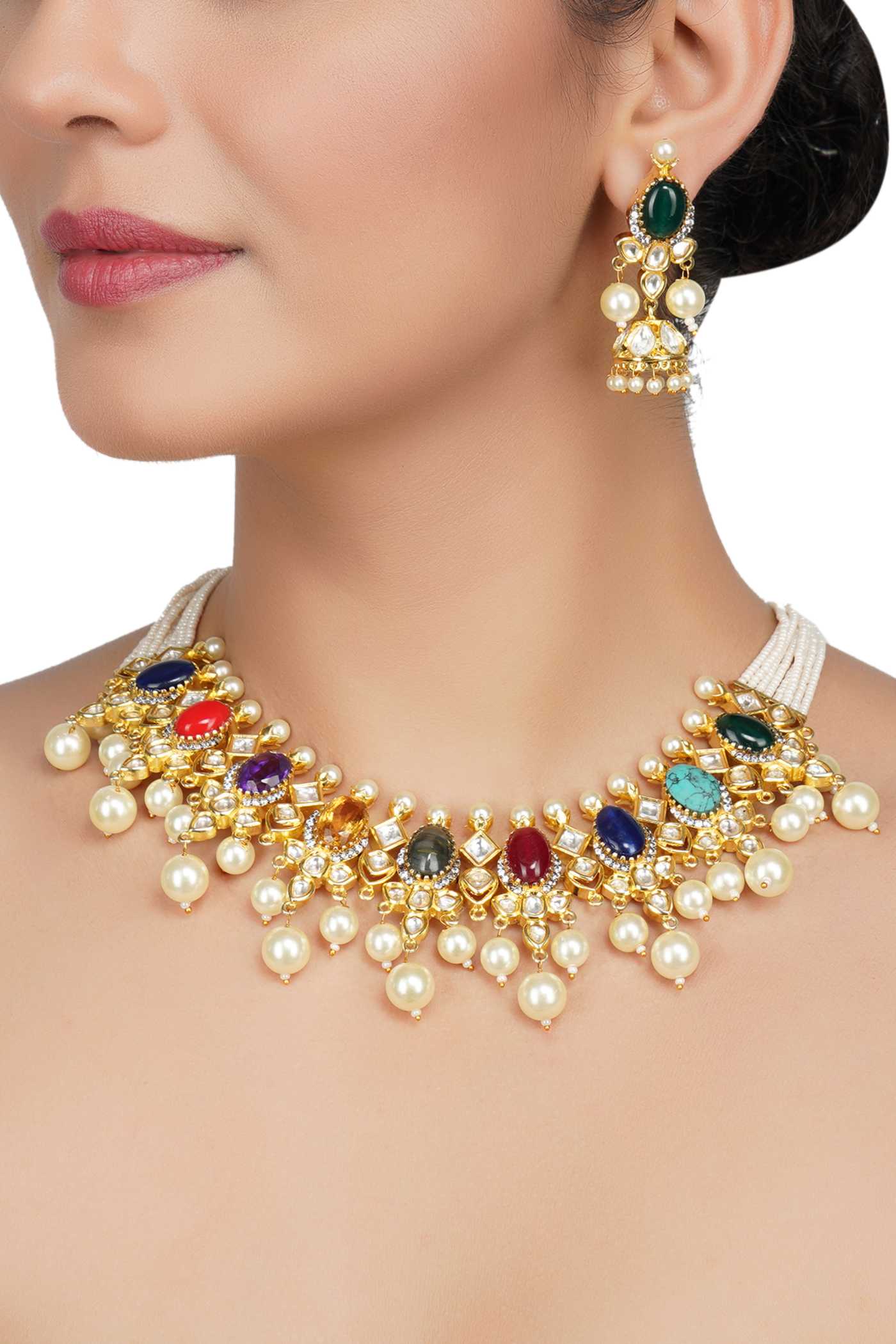 Buy Gold Plated Multi Color Kundan Polki Necklace Set