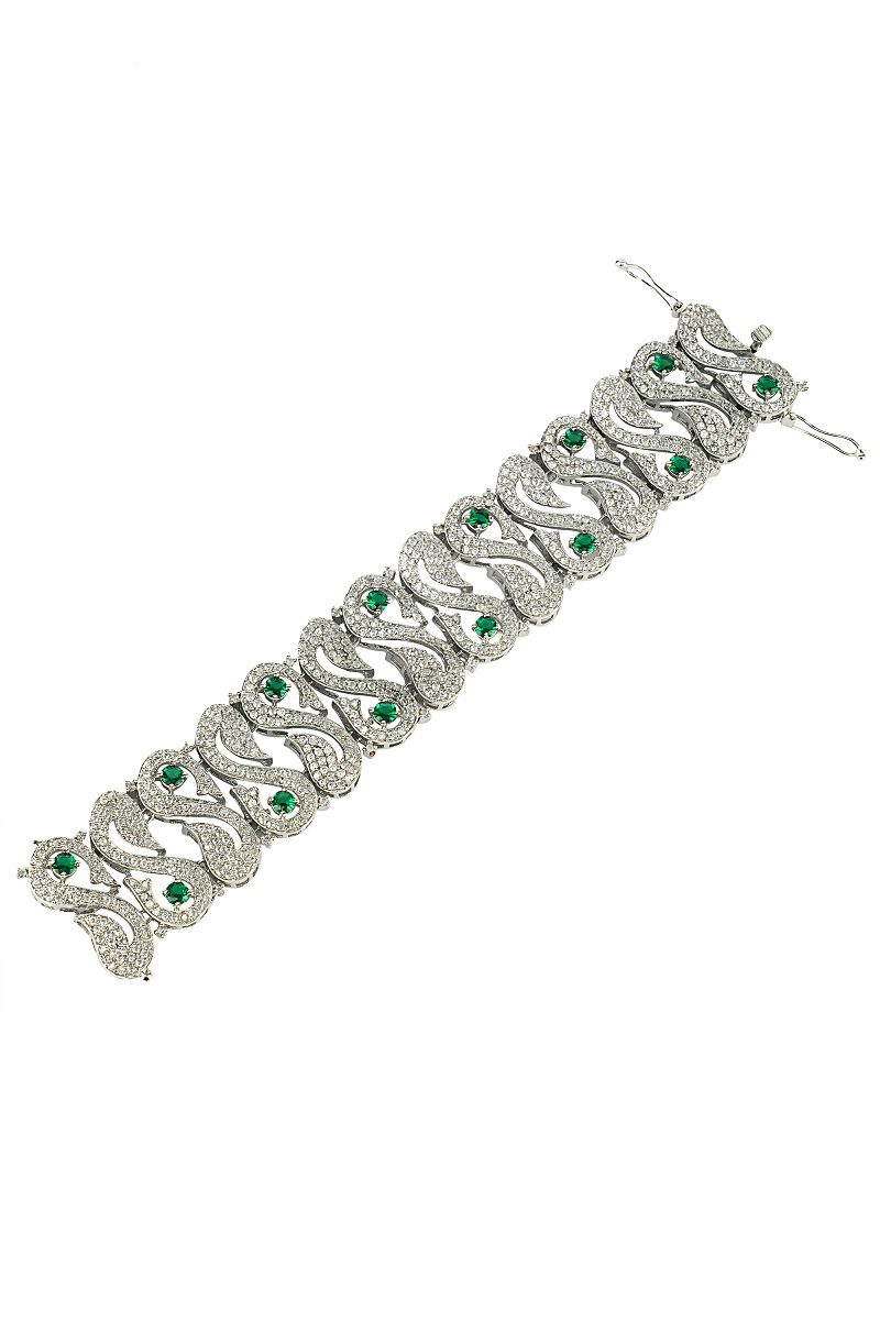 Refined Silver Finish Green Diamond Studded Bracelet