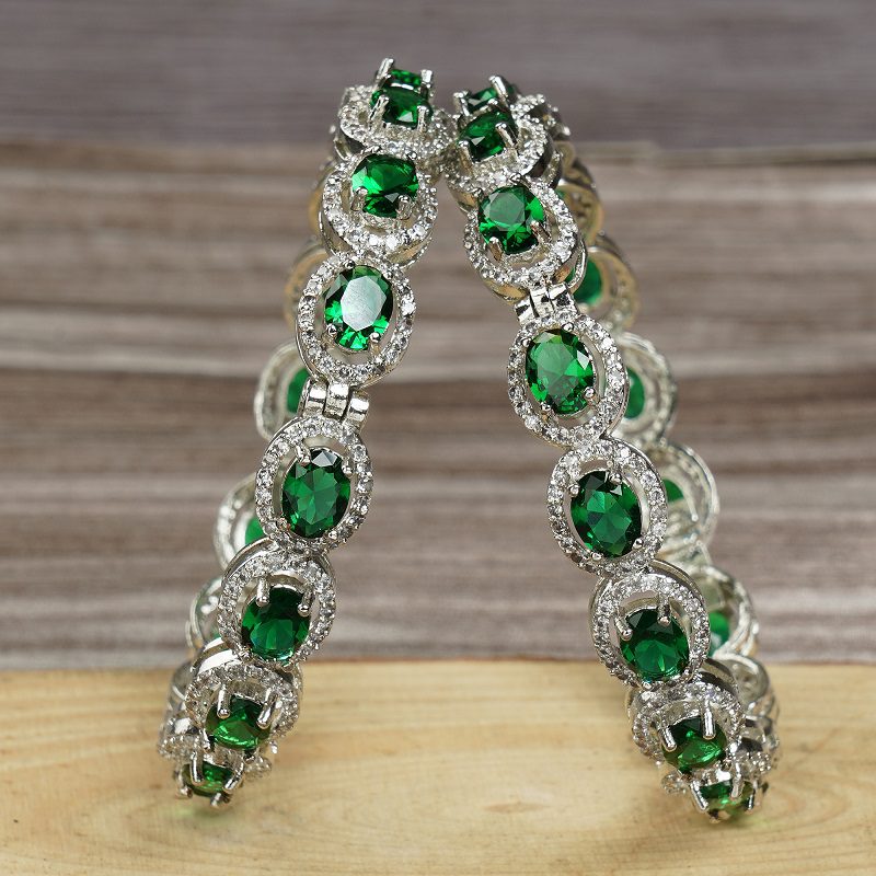Ornate Rhodium Finish Green Diamond Studded Bracelet