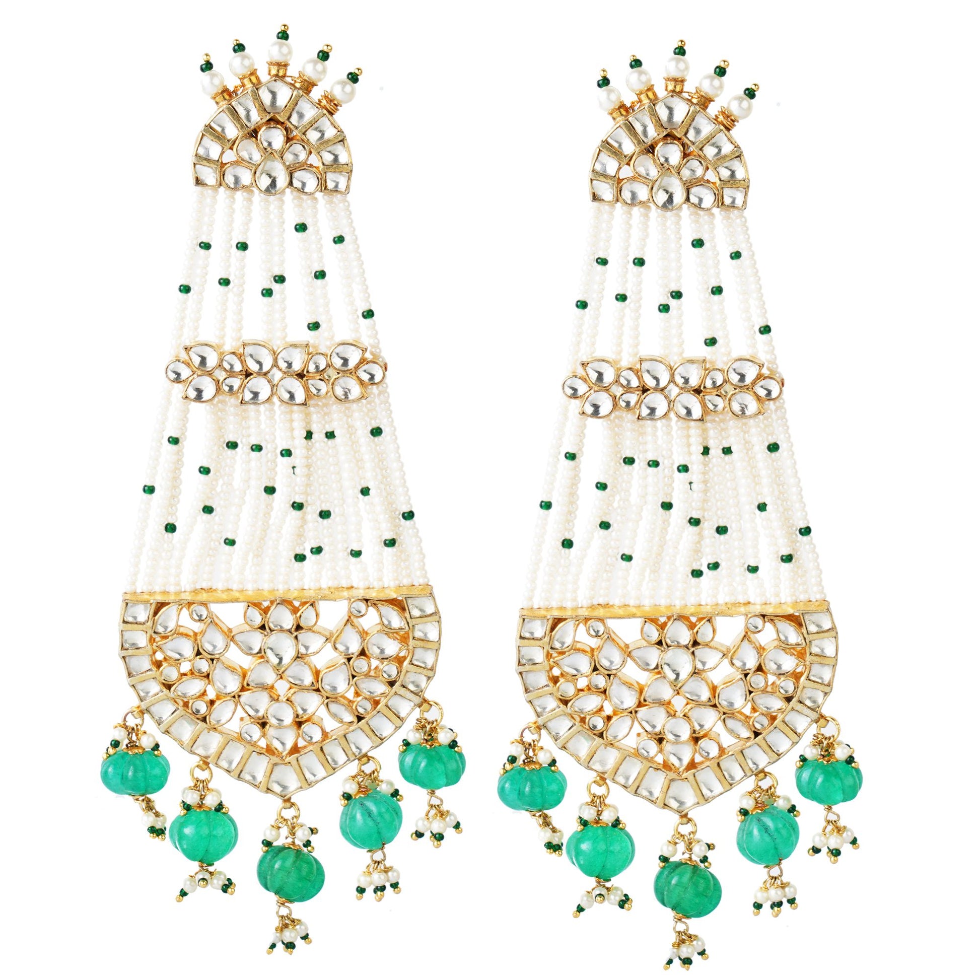 Grand Kundan & Pearl Chandbali Earrings with Green Beads