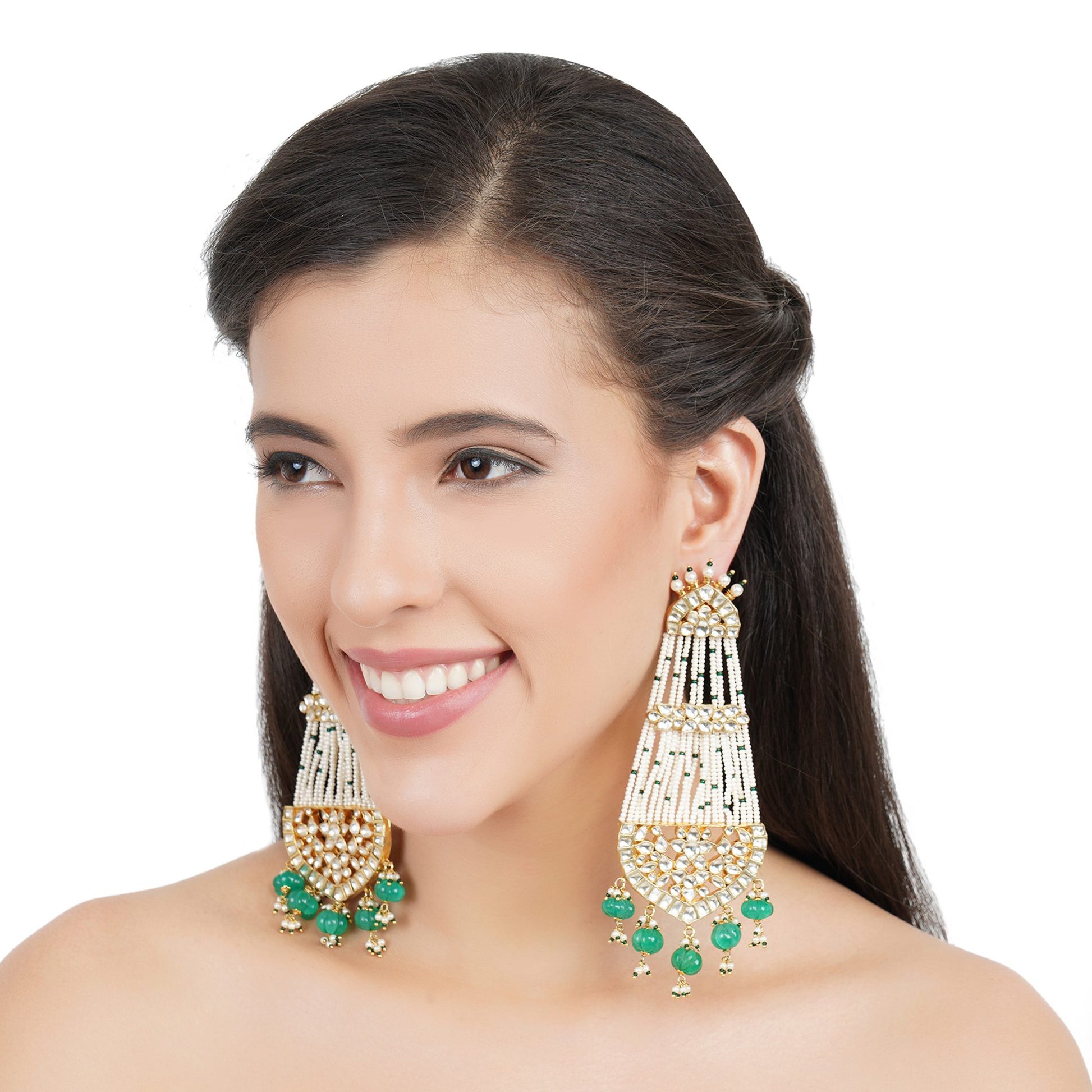 Grand Kundan & Pearl Chandbali Earrings with Green Beads