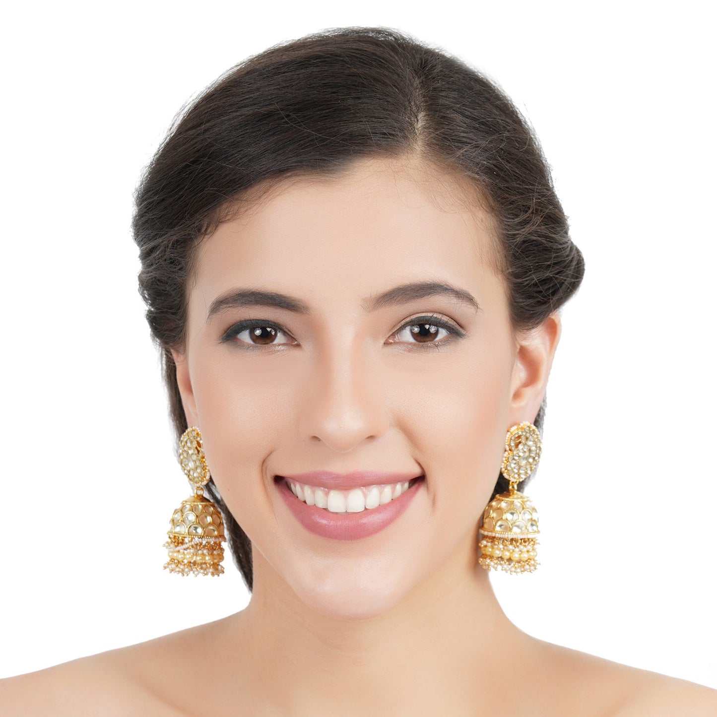 Kundan Jhumka Earrings – 22KT Gold Polish with Pearl Embellishments