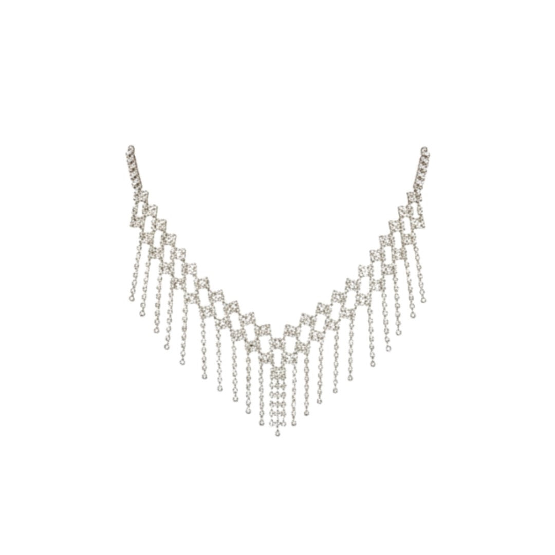 Silver-plated cascading crystal necklace set with earrings and maang tikka for bridal and festive occasions.