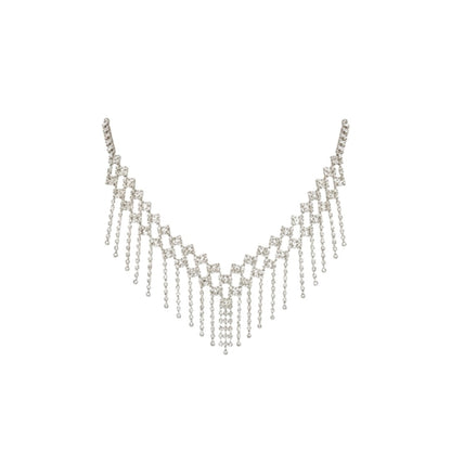 Silver-plated cascading crystal necklace set with earrings and maang tikka for bridal and festive occasions.