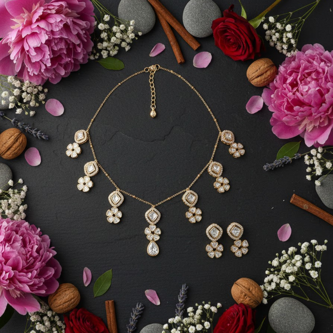 Gold-Plated Floral & Geometric Crystal Necklace Set with Matching Earrings for Women