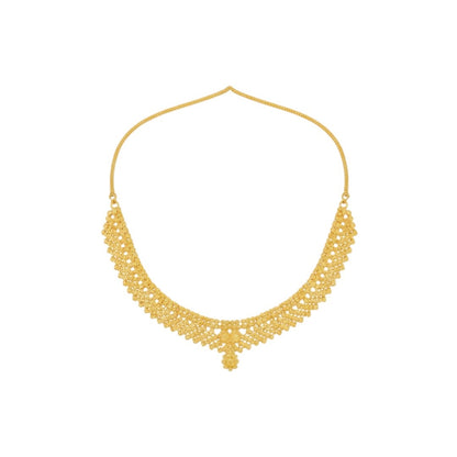 Elegant gold-plated necklace set with pearl-style bead design and matching earrings displayed on a red velvet stand.