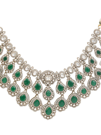 Traditional Kundan Emerald Green Necklace Set with Earrings Gold Tone Bridal Jewelry