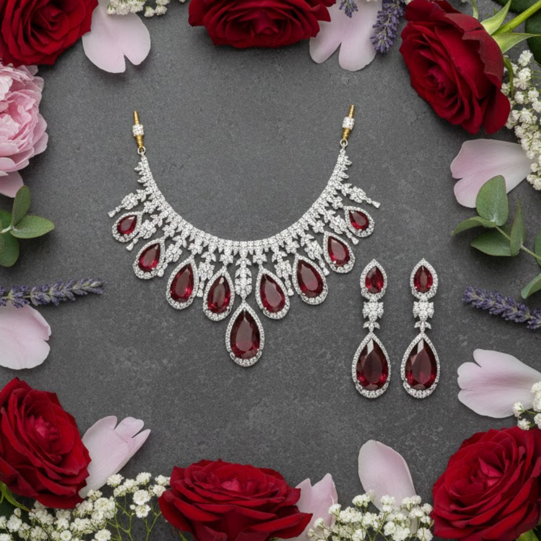 Red Stone Diamond-Cut Bridal Necklace Set for Women with Matching Earrings