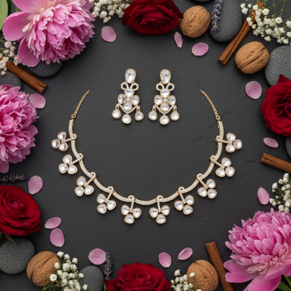Gold-Plated Kundan Necklace & Earrings Set for Women