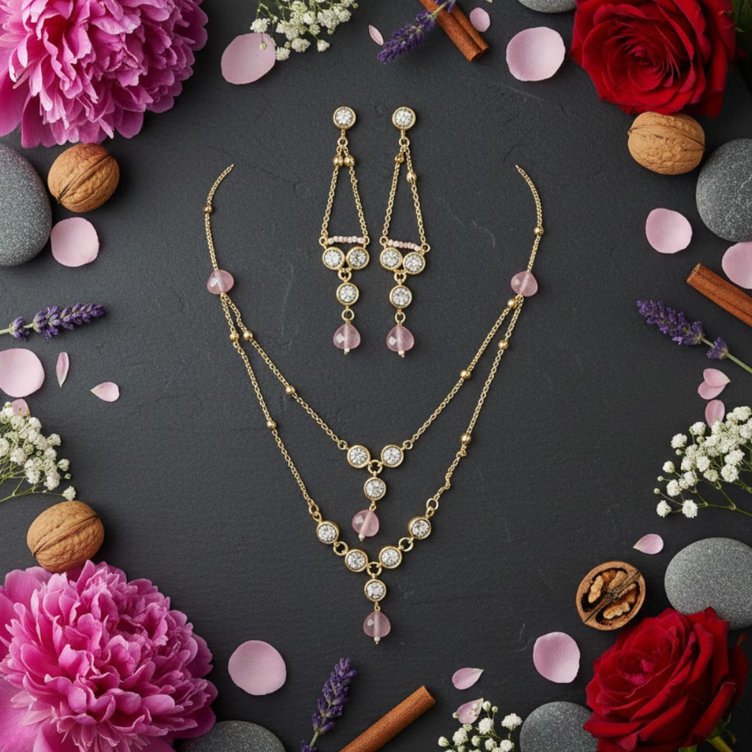 Gold-Plated Double-Layer Crystal Necklace Set With Earring
