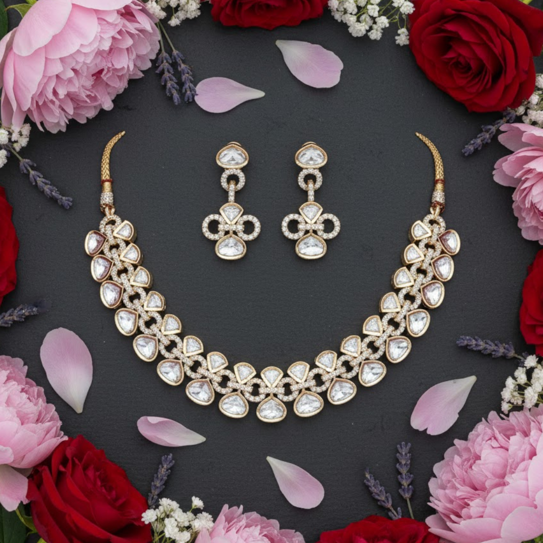 Luxurious Gold-Plated Kundan Necklace Set with Earrings for Women