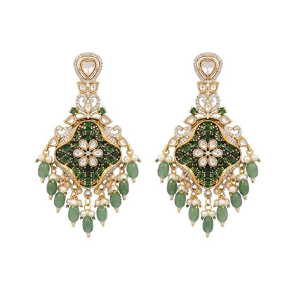 Green Polki Chandbali Earrings for Women | Gold Plated Kundan Pearl Drop Bridal Statement Earrings