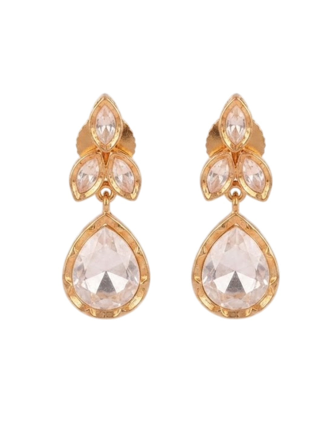 "Gold-plated teardrop crystal earrings with leaf cluster design and pear-shaped CZ drop, elegant party wear earrings on white background"