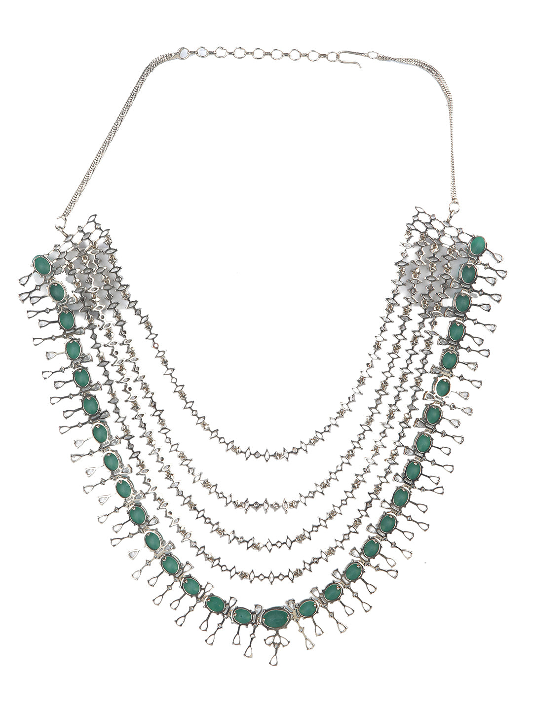 Silver-tone multi-layer emerald green necklace set with chandelier earrings, statement bridal jewelry with oval green stones and crystal detailing