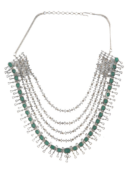 Silver-tone multi-layer emerald green necklace set with chandelier earrings, statement bridal jewelry with oval green stones and crystal detailing