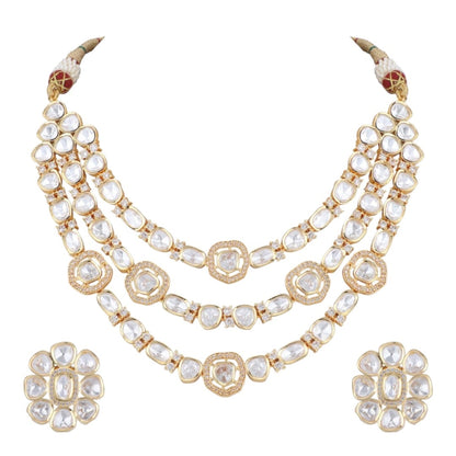 "Bridal Kundan Polki Necklace Set with Earrings – Gold Plated 3 Layer Raani Haar Jewelry"