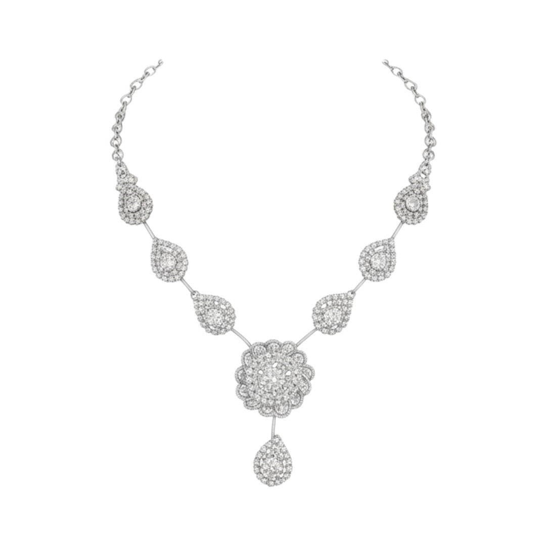 Floral design silver-plated necklace and earrings set for bridal and special occasions.