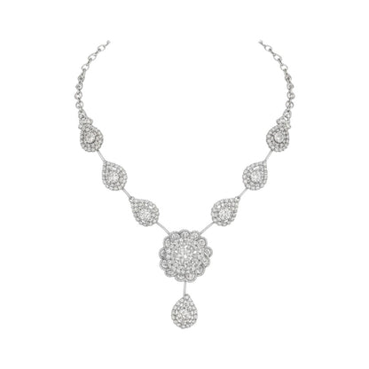 Floral design silver-plated necklace and earrings set for bridal and special occasions.