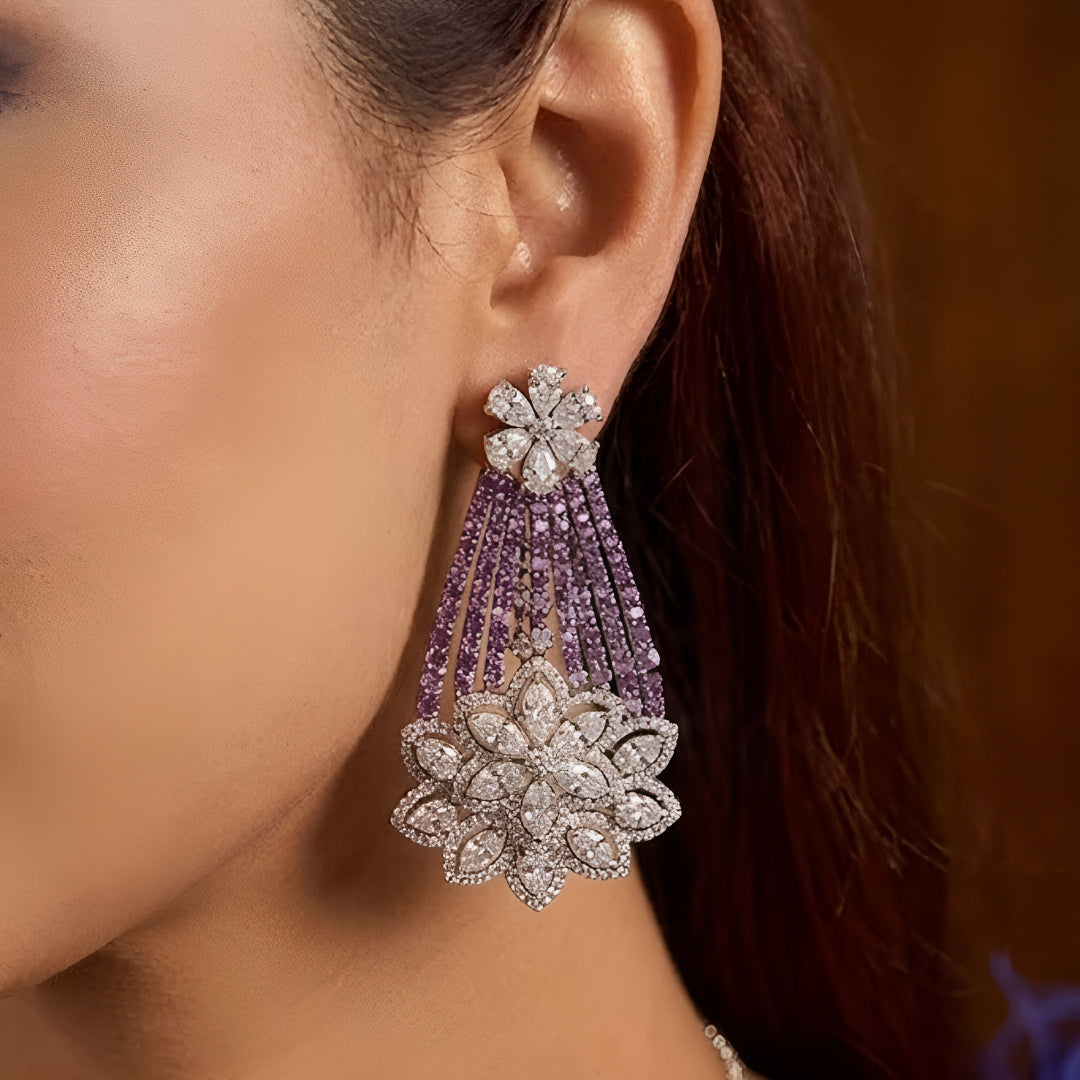 Luxury lavender crystal statement choker necklace set with floral zircon detailing and matching earrings for women.