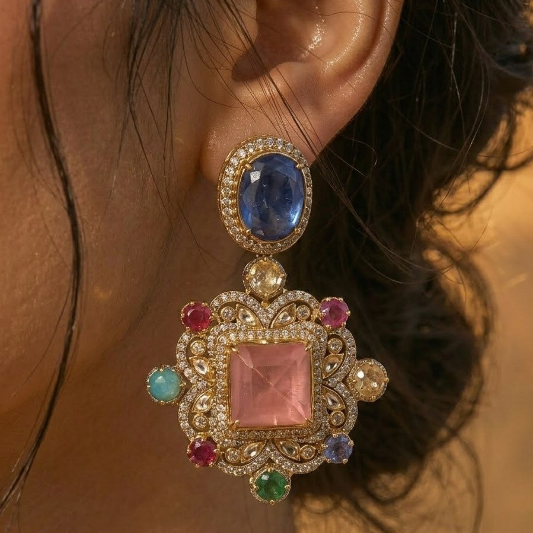 Royal Victorian antique gold statement necklace set with multicolor gemstones, pendant design, and matching earrings for women.
