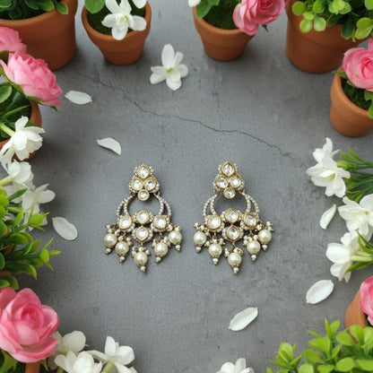 "Gold-plated Kundan Chandbali Earrings with Pearl Drops for Women