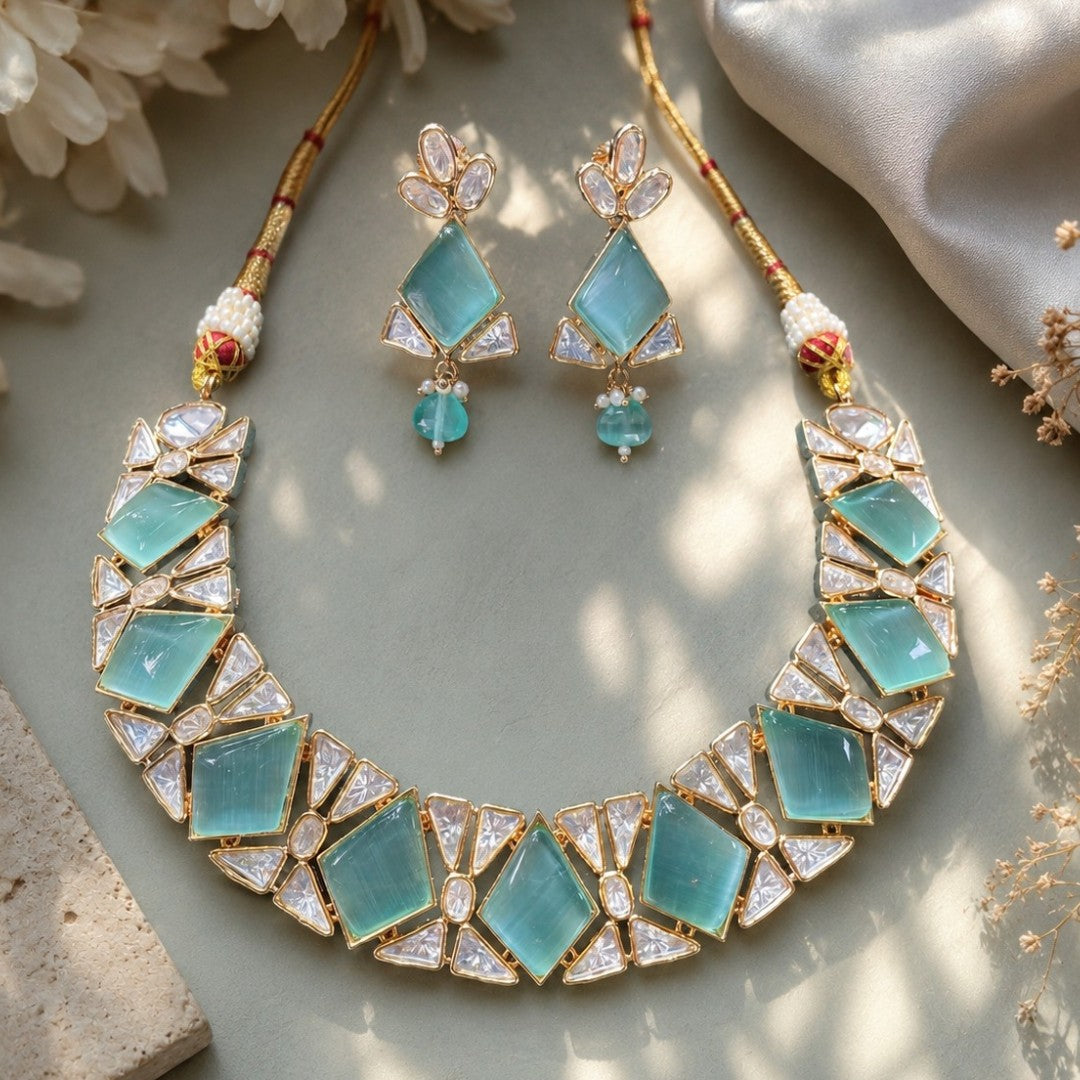 Mint green geometric necklace set with matching earrings and gold plating by Auraa Trends