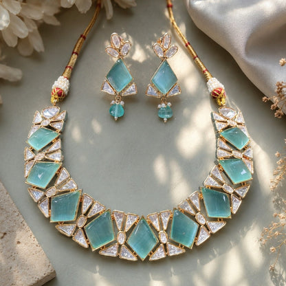 Mint green geometric necklace set with matching earrings and gold plating by Auraa Trends