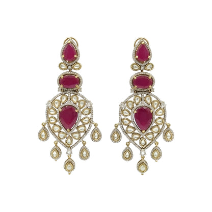 Ruby red stone and Polki gold plated chandelier earrings for women, bridal wedding statement ethnic jewelry with dangling drops.