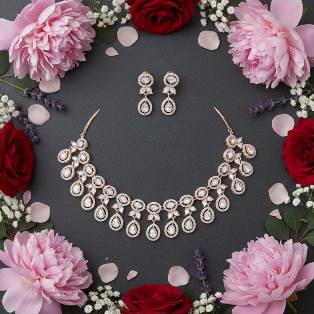 Gold-Plated Crystal Teardrop Necklace & Earrings Jewellery Set for Women