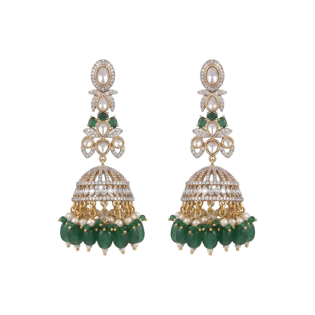 Luxury gold-plated Kundan jhumka earrings with sparkling CZ stones, emerald green bead drops, and pearl accents for women.
