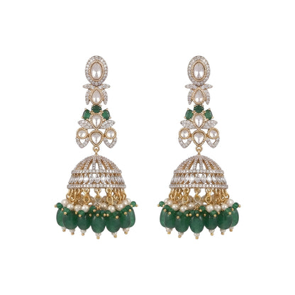 Luxury gold-plated Kundan jhumka earrings with sparkling CZ stones, emerald green bead drops, and pearl accents for women.