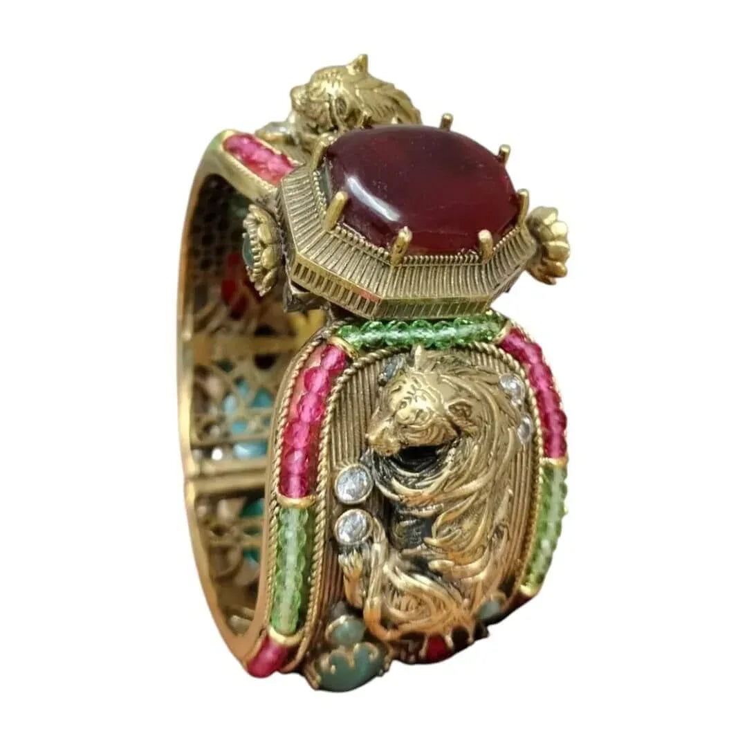 Antique Gold-Plated Lion Motif Multi-Stone Bangle Bracelet with Ruby Center Stone - Auraa Trends