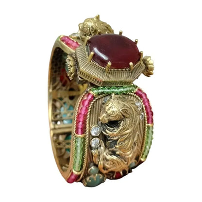 Antique Gold-Plated Lion Motif Multi-Stone Bangle Bracelet with Ruby Center Stone - Auraa Trends