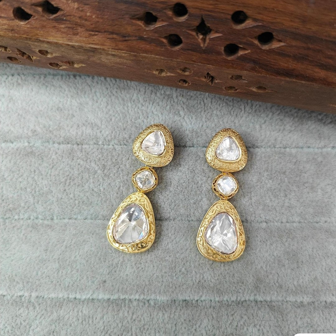Elegant Gold-Plated Triple Stone Kundan Earrings