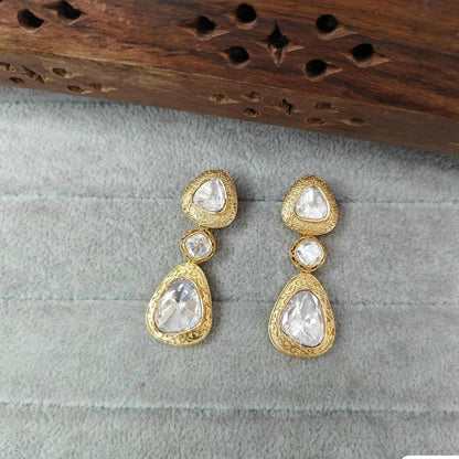 Elegant Gold-Plated Triple Stone Kundan Earrings