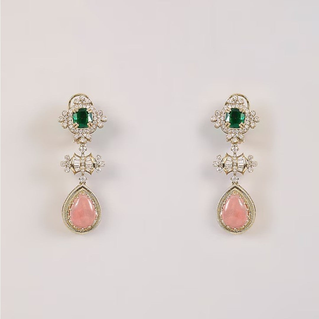 Gold-plated statement drop earrings featuring emerald green stones, pink teardrop gemstones, and sparkling crystal accents for women.