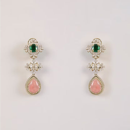 Gold-plated statement drop earrings featuring emerald green stones, pink teardrop gemstones, and sparkling crystal accents for women.