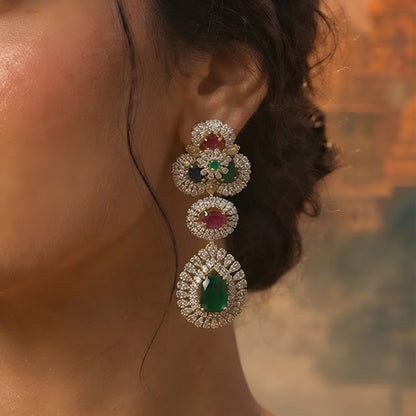Luxury multicolor bridal choker necklace set with matching earrings featuring gold plating and premium CZ stones for wedding and party wear.