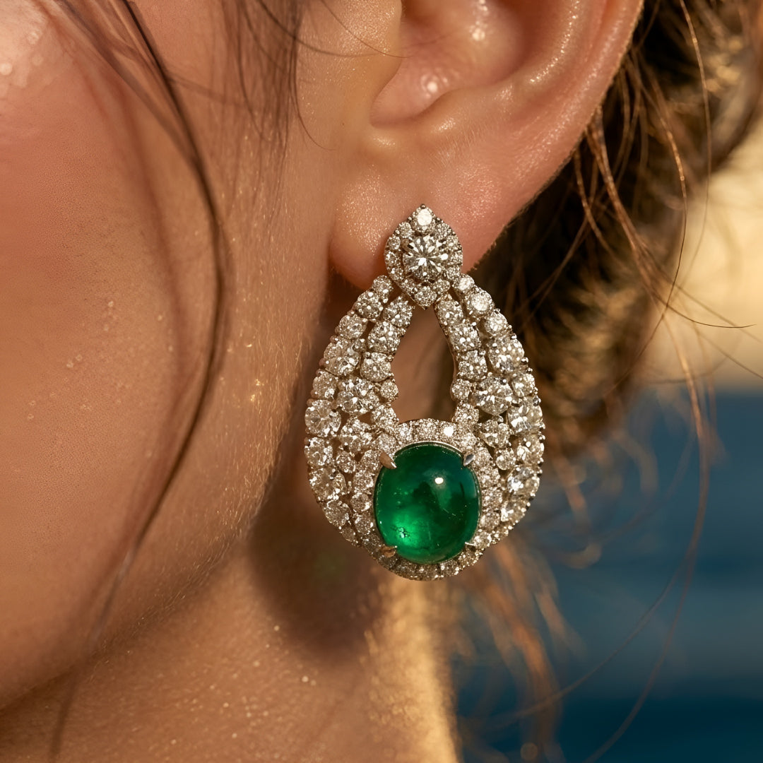Luxury emerald green stone choker necklace set with sparkling Polki-inspired crystals and matching drop earrings for bridal and wedding jewelry.