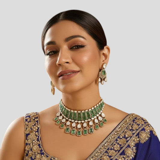 Gold-Plated Green Stone & Kundan Choker Necklace Set with Matching Statement Earrings