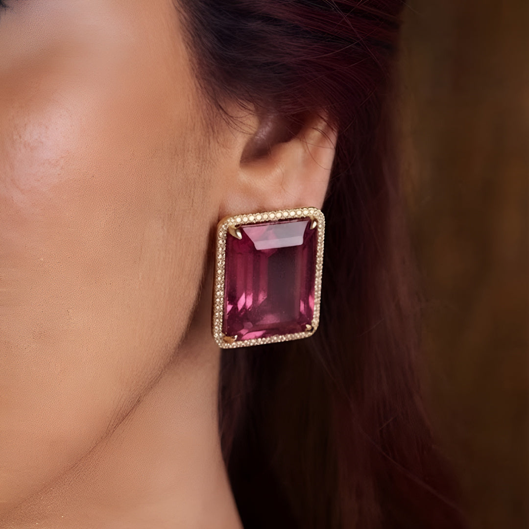 Pink crystal pendant necklace set with matching rectangular earrings in gold plating by Auraa Trends