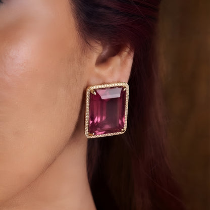 Pink crystal pendant necklace set with matching rectangular earrings in gold plating by Auraa Trends