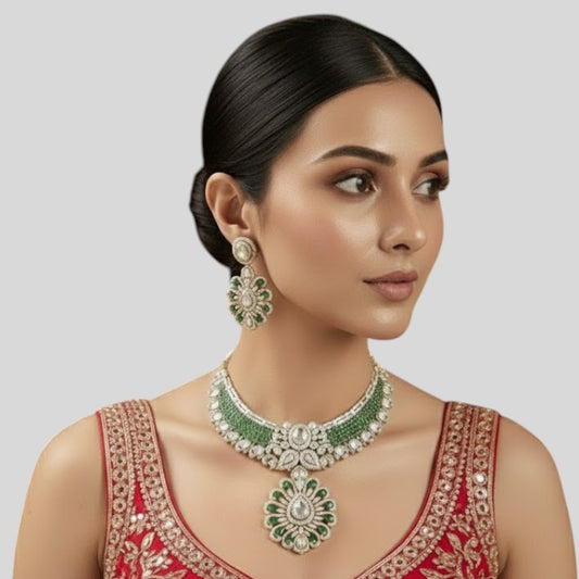 Elegant Green Kundan Bridal Necklace Set with Polki Stones & Matching Earrings