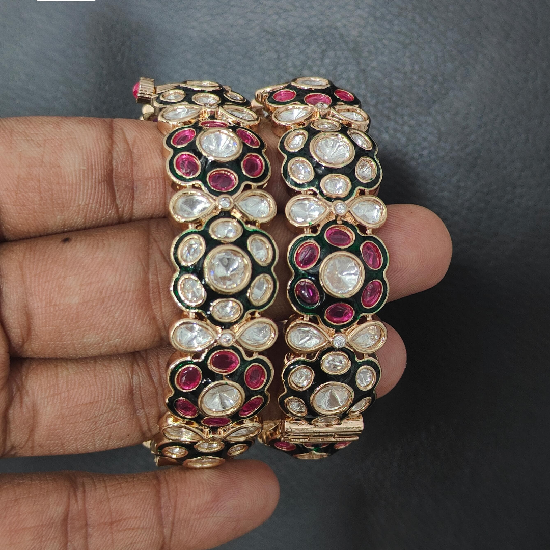 Gold Plated Red & Green Kundan Floral Bangles for Women