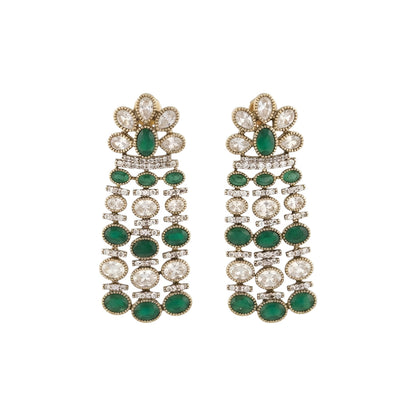 Luxury gold-plated chandelier earrings featuring emerald green oval stones and sparkling American diamonds for women.