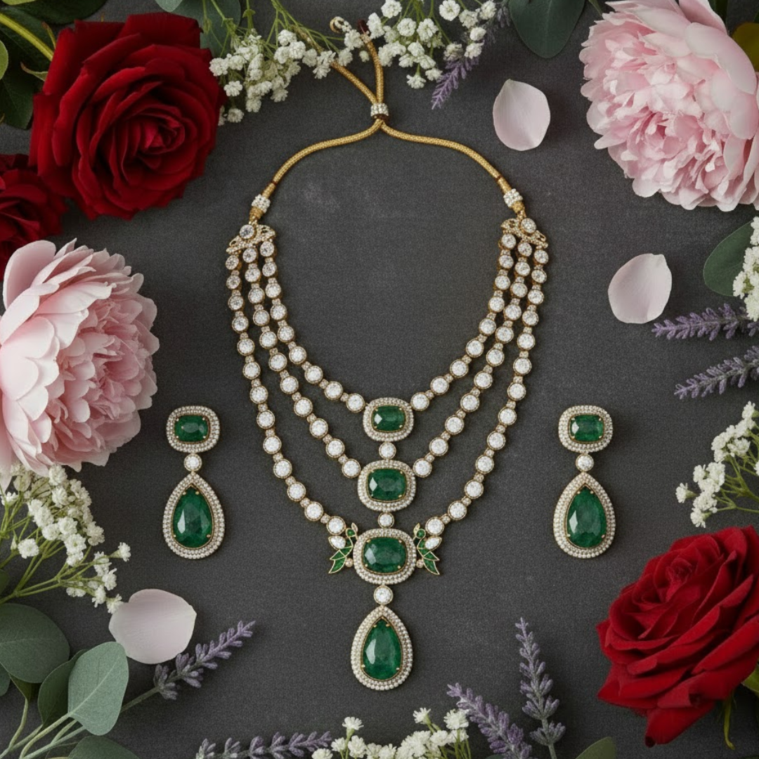 Premium Emerald Green Stone Bridal Necklace Set with Earrings