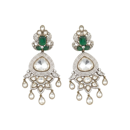 Luxury gold-plated statement earrings with emerald green stones, Kundan stones, sparkling American diamonds, and teardrop danglers for women.