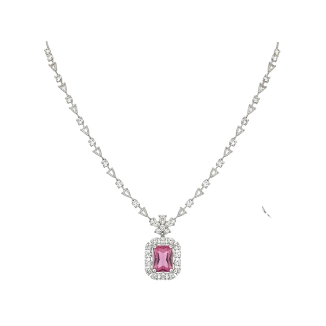 Elegant diamond-style necklace and earring set for weddings and special occasions.