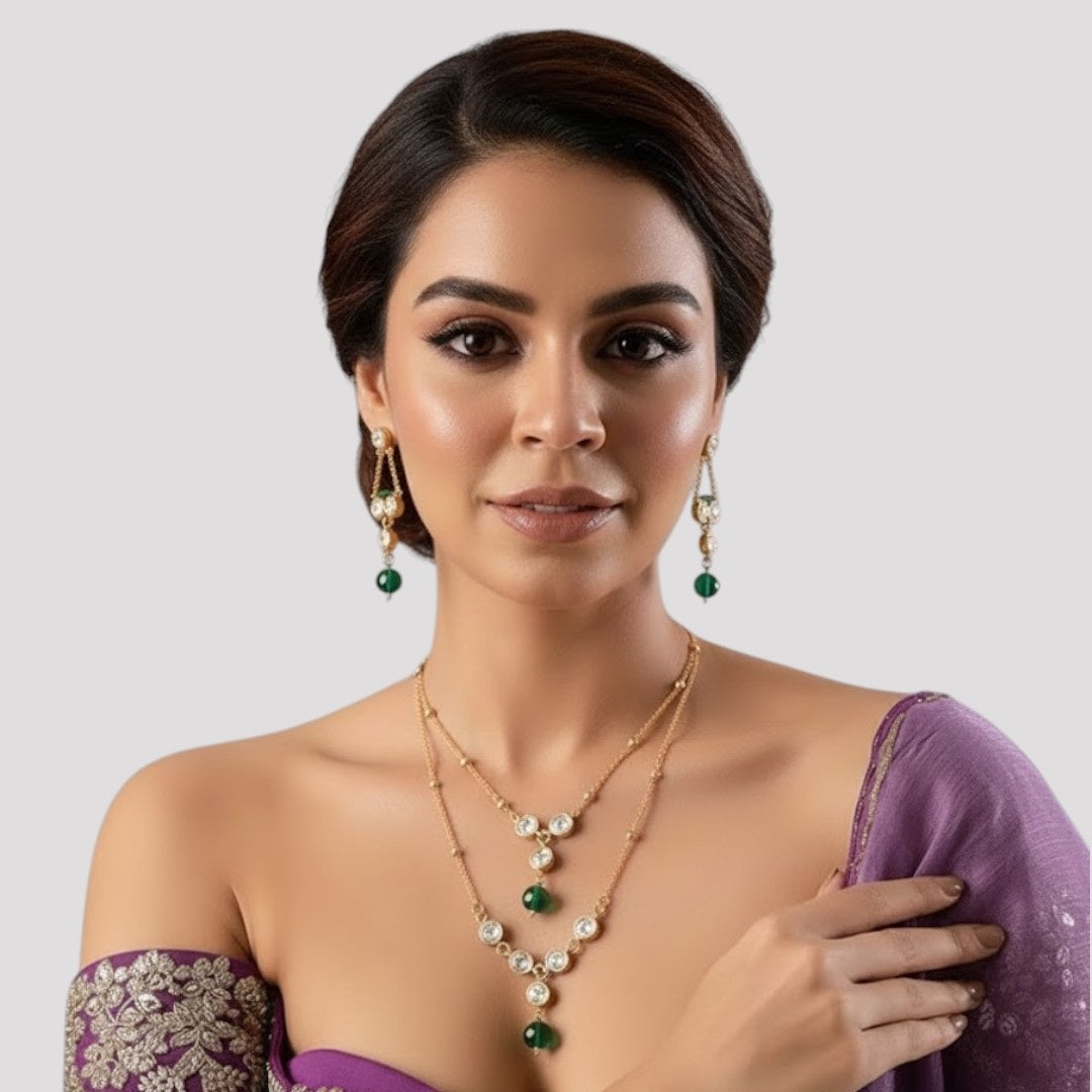 Gold-Plated Double-Layer Crystal Necklace Set With Earring