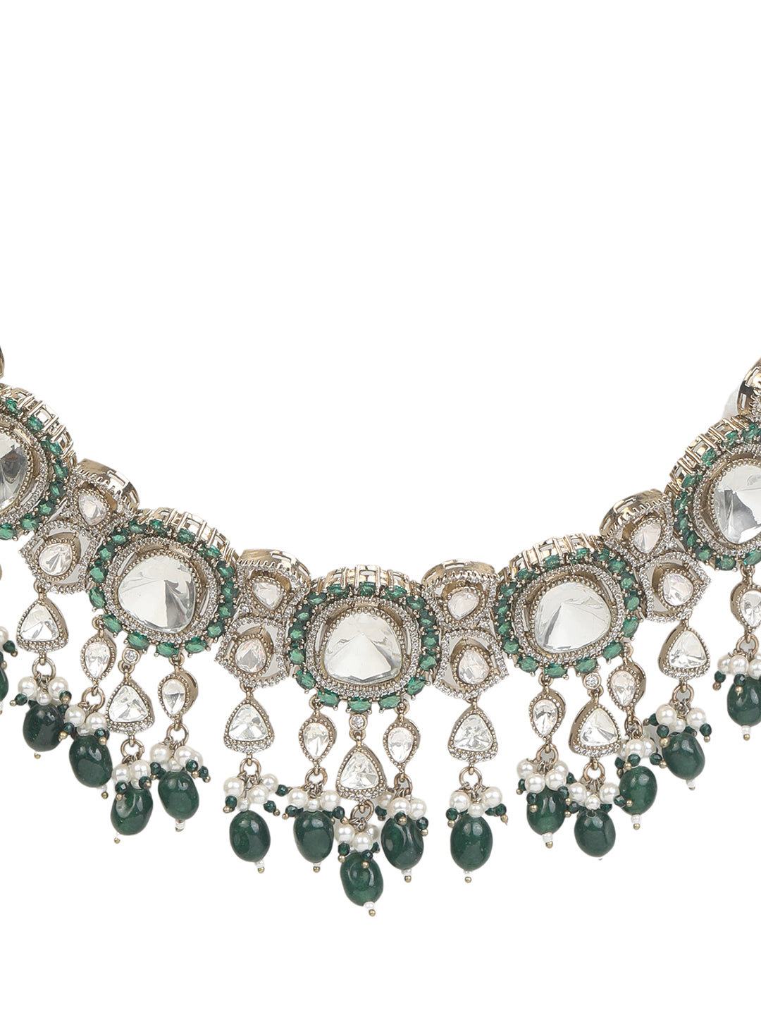 Elegant gold-tone choker necklace set with large mirror-polished stones, green bead accents, and pearl detailing, paired with matching dangling earrings